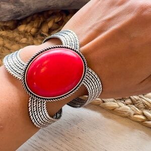 Vintage Red Cabochon Silver Tone Cuff Wide Bracelet